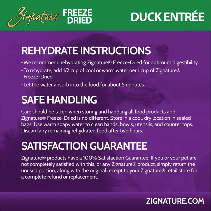 Zignature Freeze Dried Duck Entrée rehydration instructions