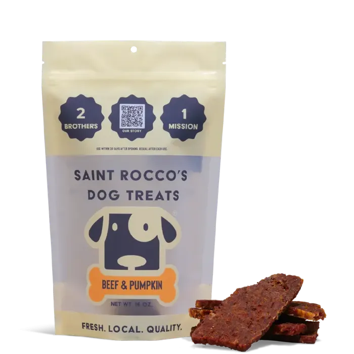 Saint Rocco’s Beef & Pumpkin 8 oz jerky treats, package front