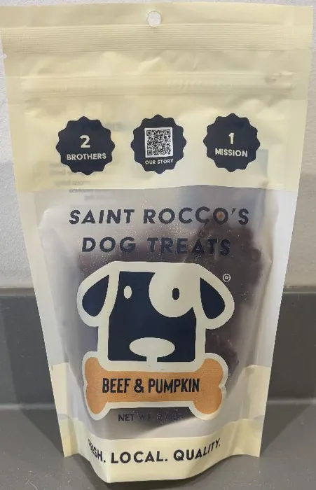 Saint Rocco’s Beef & Pumpkin 8 oz jerky treats, package front