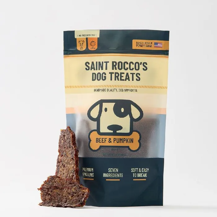Saint Rocco’s Beef & Pumpkin 8 oz jerky treats, package front