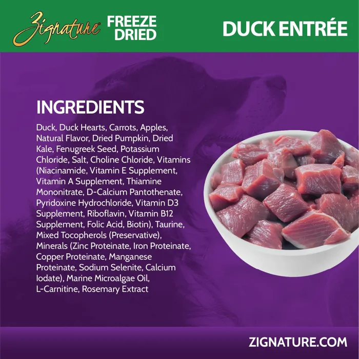 Zignature Freeze Dried Duck Entrée ingredients