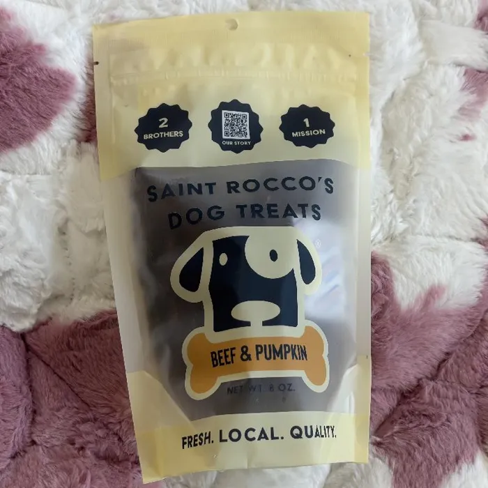 Saint Rocco’s Beef & Pumpkin 8 oz jerky treats on fabric
