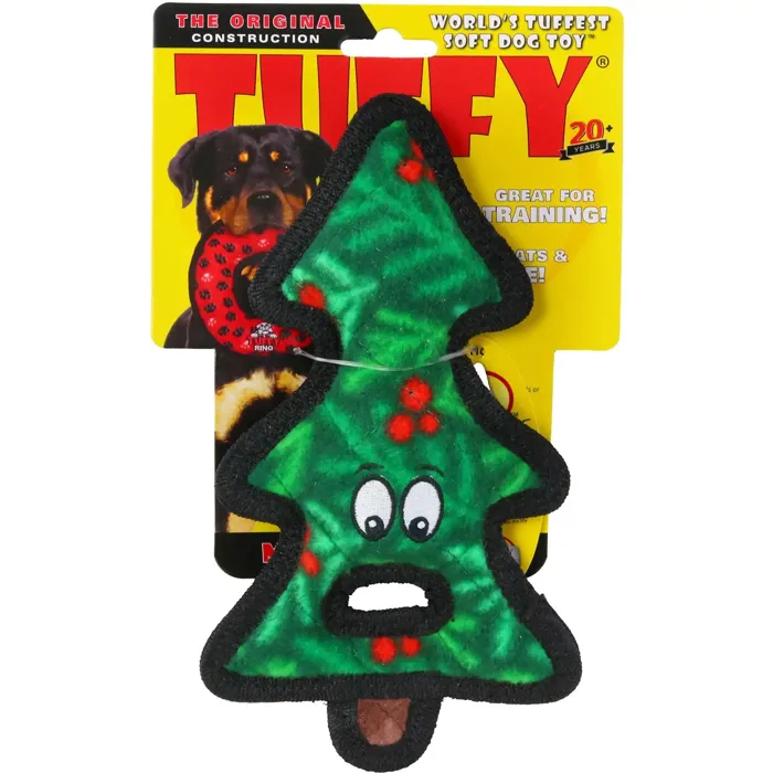 Tuffy Holiday Tree green dog toy, packaged front view