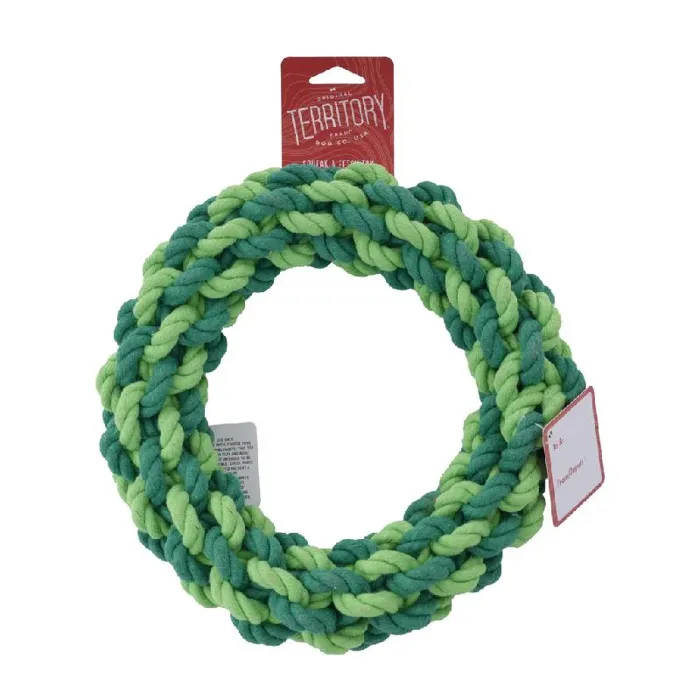 Territory Holiday Rope Wreath 2025 8-inch braided dog toy, packaged front view