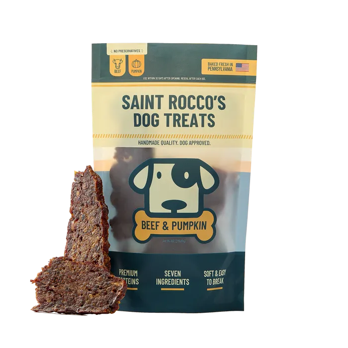 Saint Rocco’s Beef & Pumpkin 8 oz jerky treats, package front