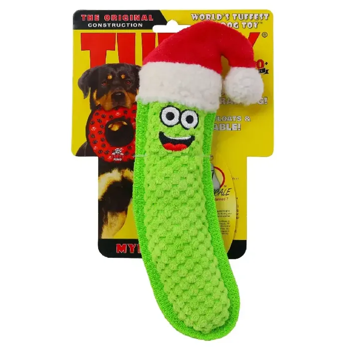Tuffy Santa Pickle plush dog toy packaged front view
