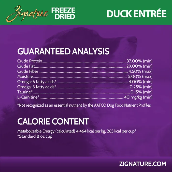 Zignature Freeze Dried Duck Entrée guaranteed analysis