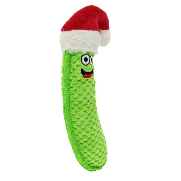 Tuffy Santa Pickle green plush dog toy side view