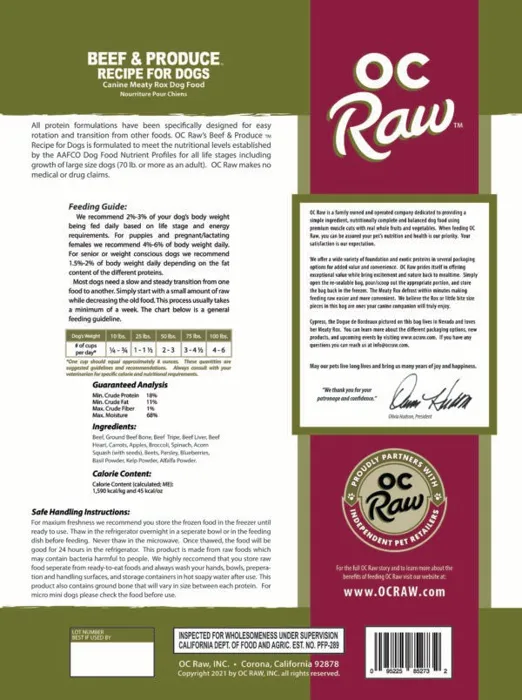 Oc Raw Dog Frozen Beef & Produce Meaty Rox 7#