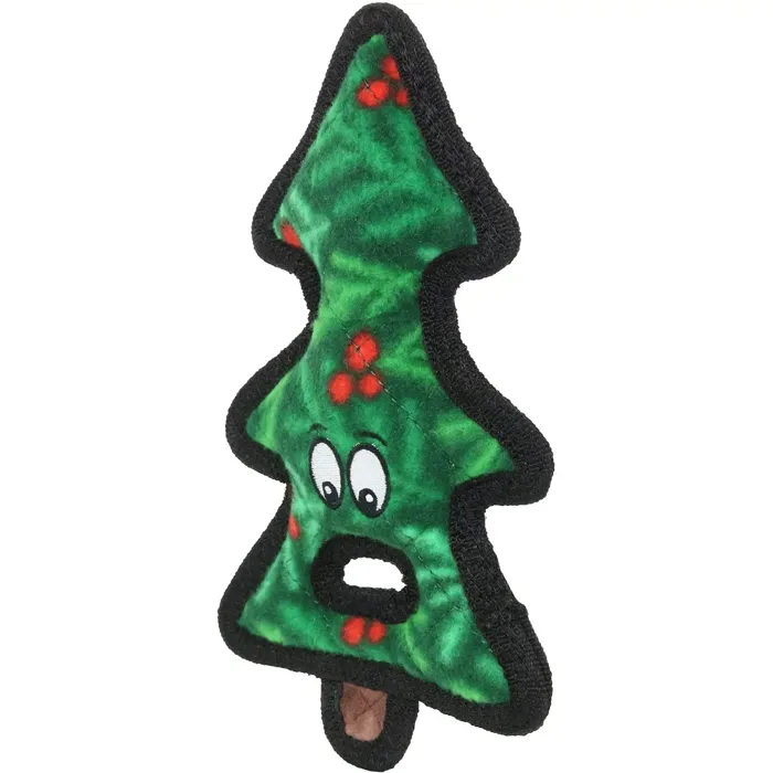 Tuffy Holiday Tree green dog toy, angled front view