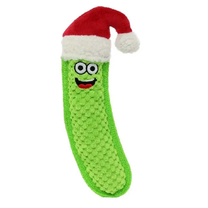 Tuffy Santa Pickle green plush dog toy front view