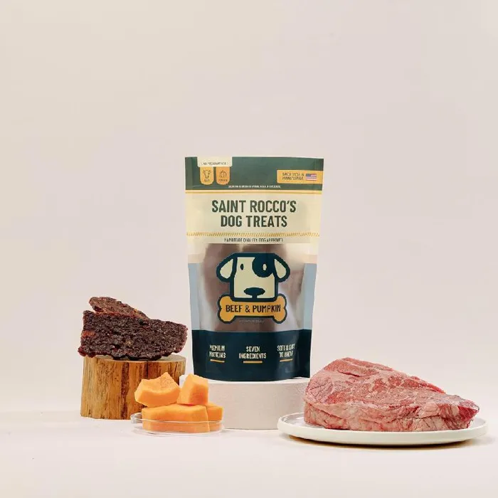 Saint Rocco’s Beef & Pumpkin 8 oz jerky treats, lifestyle