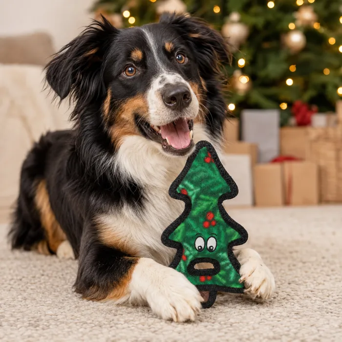 Tuffy Holiday Tree green dog toy, holiday lifestyle view