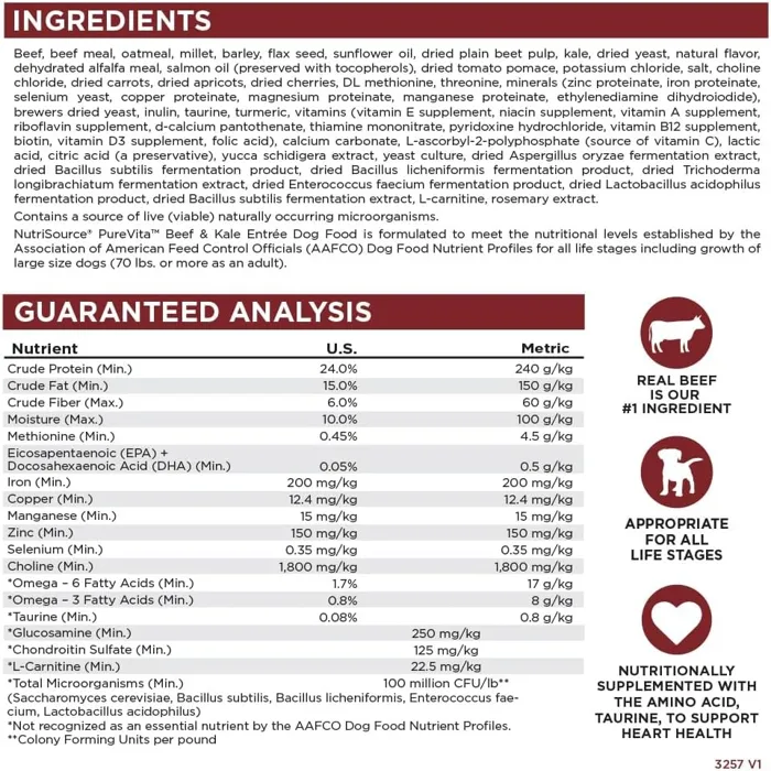 NS Pure Vita Beef & Kale w/ Grains Dog Food 4#